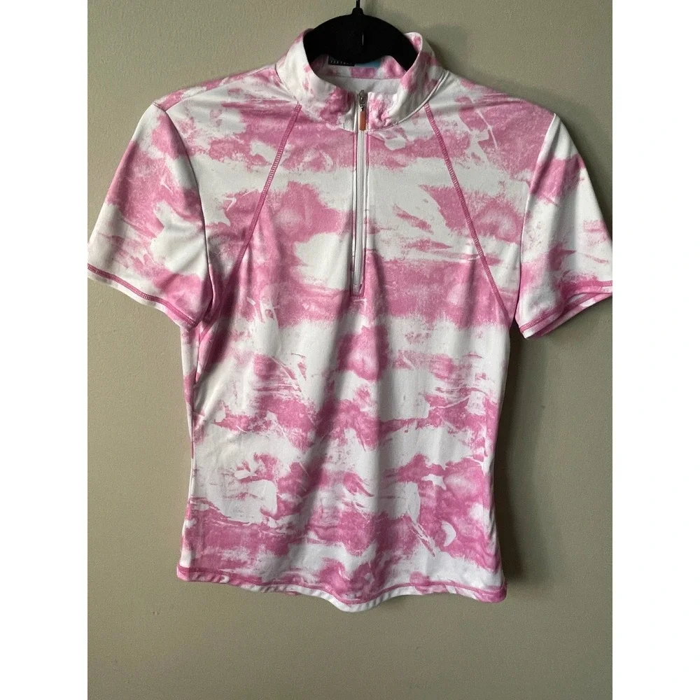 PGA Tour Womens Pink White Abstract Print Quarter Zip Golf Polo Shirt Small